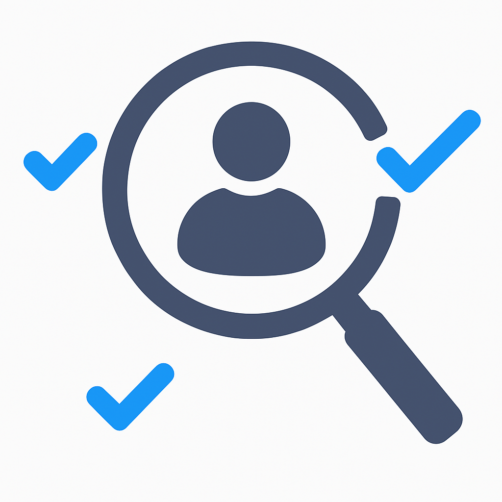 Sponsor licence and HR compliance icon showing a person under magnifying glass with checkmarks