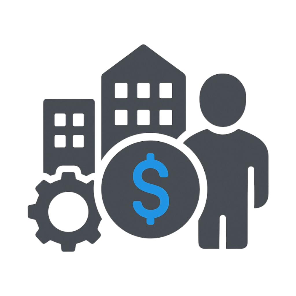 Company formation and entrepreneurship consultancy icon with person, buildings, and dollar sign