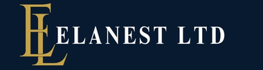 Elanest Ltd gold monogram logo with dark blue background